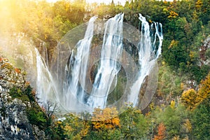 Beautiful waterfalls in the sunshine in Plitvice National Park, Croatia UNESCO