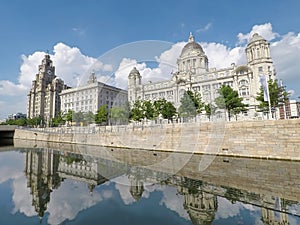 The beautiful waterfront of the city of Liverpool with the Three Graces, England.