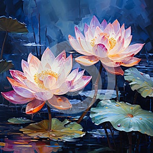 Beautiful waterlily or lotus flower, close-up. Square digital oil painting, impasto, printable wall art