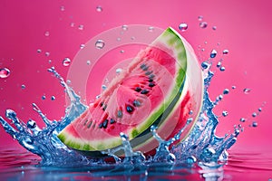 Beautiful watermelon splash in pink background, water drops