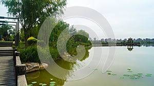 Beautiful Waterscape Park with Uniform Sky and Water