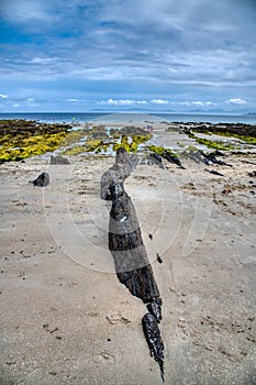 Beautiful waves break on the black rocks photo