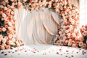 Beautiful Wedding backdrop decorated with roses flower on white background, generated AI