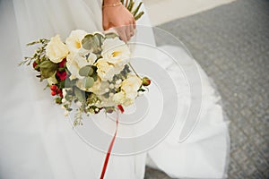 Beautiful wedding bouquet of bride wedding flowers fresh pink roses and alstroemeria bridal decoration. Fresh wedding flowers in