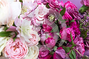 Beautiful wedding bouquet, flowers arrangement by florist with roses close up, macro