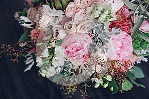 Beautiful wedding bouquet of spring flowers in pastel tones