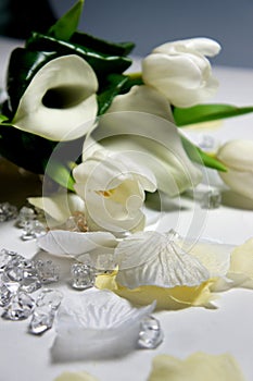 Beautiful wedding bouquet of white callas and tulips