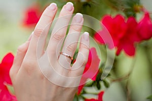 Beautiful wedding bride`s ring and manicure