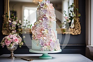 beautiful wedding cake with a cascade of delicate pastel flowers and ribbons