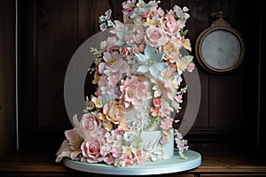 beautiful wedding cake with a cascade of delicate pastel flowers and ribbons