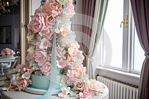 beautiful wedding cake with a cascade of delicate pastel flowers and ribbons