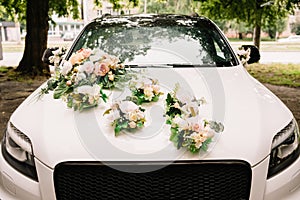 Beautiful wedding car. Front of the luxury car decorated flowers