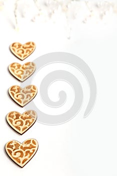 Beautiful Wedding Christmas or valentines lights with pearls and vintage rustic wooden hearts
