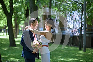 Beautiful wedding colorful bouquet and dress for bride