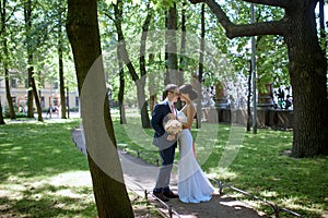 Beautiful wedding colorful bouquet and dress for bride