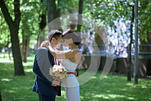 Beautiful wedding colorful bouquet and dress for bride