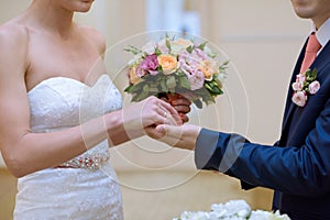 Beautiful wedding colorful bouquet and dress for bride