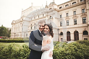 Beautiful wedding couple, bride, groom kissing and hugging against the background of theater