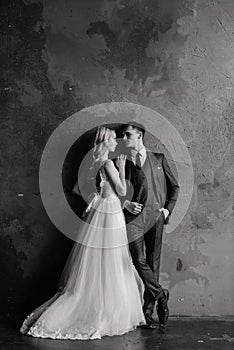 Beautiful wedding couple. Luxurious dress of the bride and stylish suit of the groom, studio photo shoot