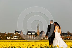 Beautiful wedding couple posing in yellow field