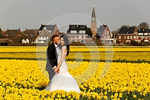 Beautiful wedding couple posing in yellow field