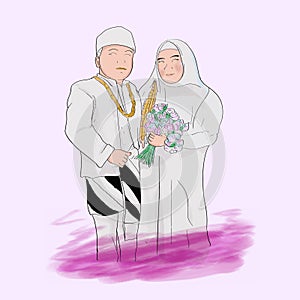 beautiful wedding couple watercolors style. Muslim Bride and Groom Looking at Each Other Cartoon Character Design