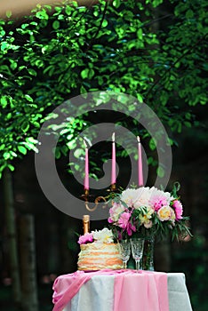 Beautiful wedding decorations champagne flowers and cake