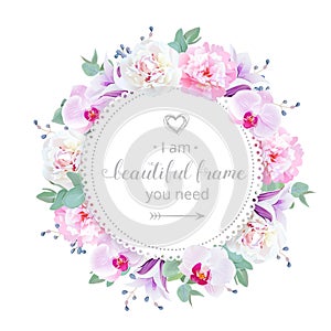 Beautiful wedding floral vector design frame. Pink and white peony, purple orchid, violet campanula flowers.