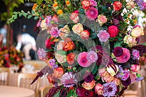 Beautiful wedding flowers on the table in the party