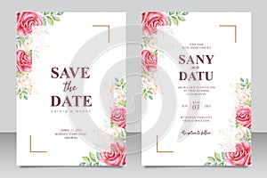 Beautiful wedding invitation card set of red roses and white aquarel