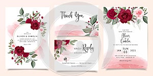 Beautiful wedding invitation card template set with burgundy and peach rose flowers and watercolor background. Cards with floral,