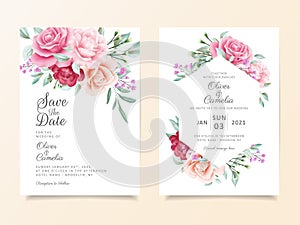 Beautiful wedding invitation card template set of flowers arrangements and floral frame. Elegant botanic decoration background of