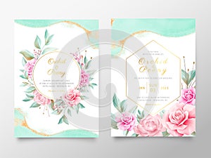 Beautiful wedding invitation cards template with flowers and watercolor background. Textured golden surface background