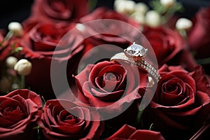 beautiful wedding ring with diamond on a background of red roses