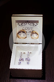 Beautiful Wedding Rings and Earrings in Wedding Box photo