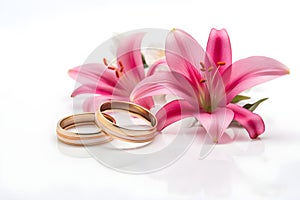 Beautiful wedding rings on a light background, which are adorned with flowers. Rings are a symbol of marriage and love.