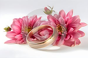 Beautiful wedding rings on a light background, which are adorned with flowers. Rings are a symbol of marriage and love.