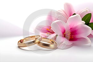 Beautiful wedding rings on a light background, which are adorned with flowers. Rings are a symbol of marriage and love.