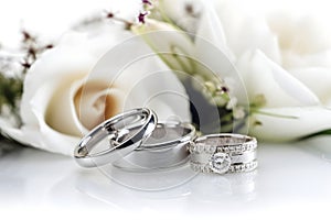 Beautiful wedding rings on a light background, which are adorned with flowers. Rings are a symbol of marriage and love.