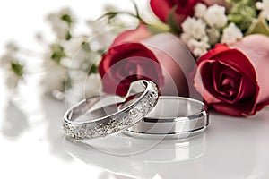Beautiful wedding rings on a light background, which are adorned with flowers. Rings are a symbol of marriage and love.