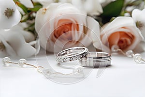 Beautiful wedding rings on a light background, which are adorned with flowers. Rings are a symbol of marriage and love.