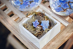 Beautiful wedding rings in white wooden boxes with blue little flowers. wedding decor