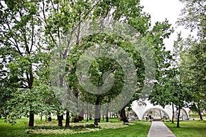 Beautiful wedding set decoration on outdoor tent in park