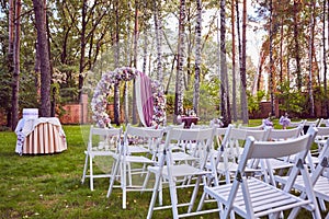Beautiful wedding set up. ceremony place in the forest
