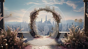 Beautiful Wedding Stage Design with Bustling City Horizon. Wedding Stage And City In Background. Generative AI