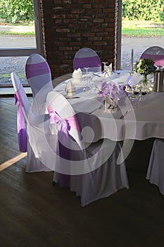 Beautiful wedding table set with purple decorations and lavender