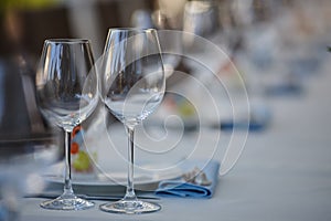 Beautiful wedding table setting in blue shades