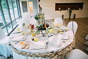 Beautiful wedding table with wedding decor. Birch