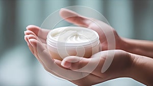 Beautiful well-groomed female hands hold a jar of cream. Moisturizing cream for clean and delicate skin. Generative AI.