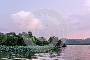 beautiful the west lake scenery, landscape with sunset in hangzhou,China